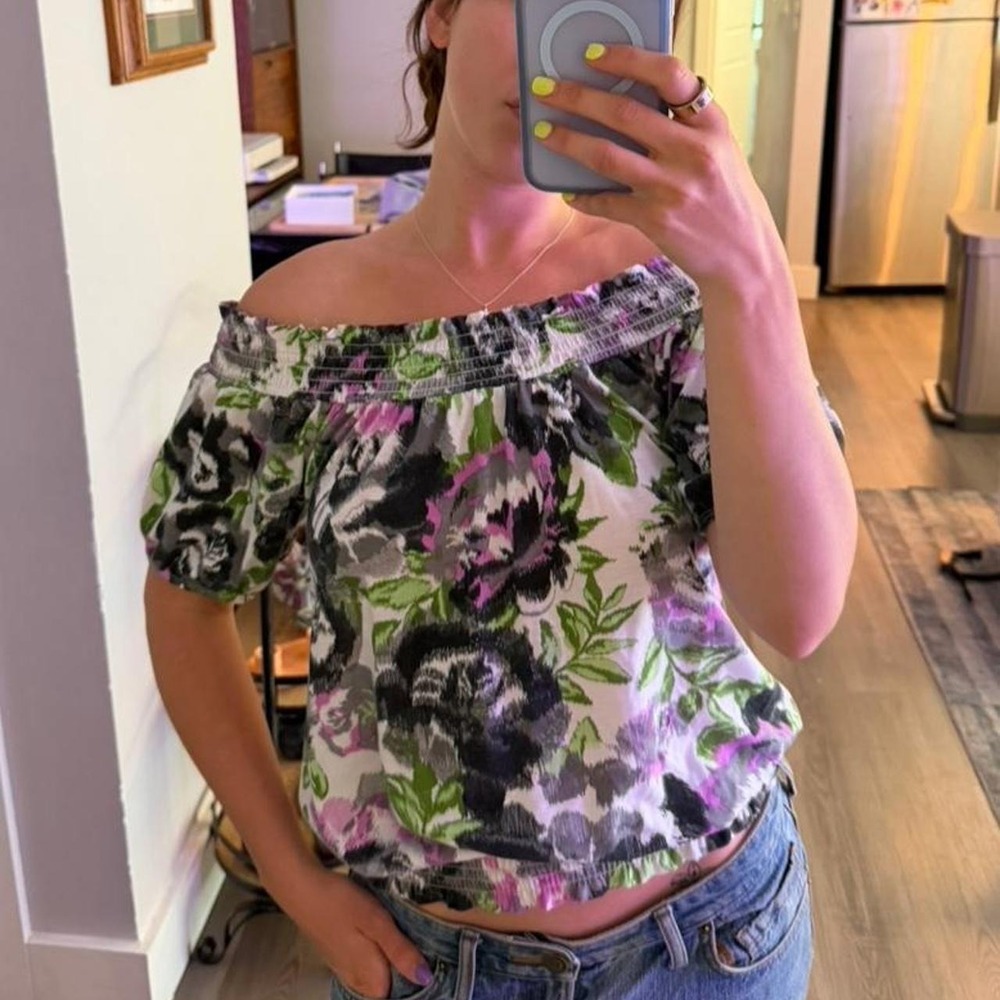 Energie Whimsygoth Floral Off The Shoulder Cinched Waist Top Large Purple Green